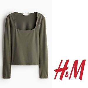H&M Women's Long Sleeved Square Neckline Jersey Top Shirt Size XL Khaki Green